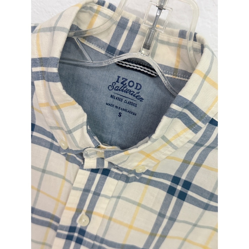 IZOD Saltwater Relaxed Classics Mens Small Plaid Button Down Shirt Blue Yellow